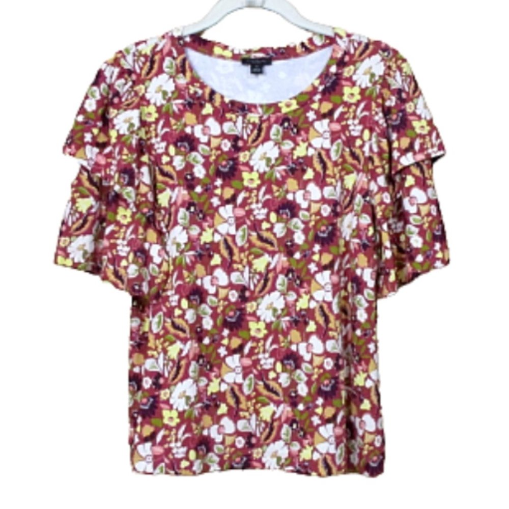 Ann Taylor Factory Floral Print Knit Top With Short Tiered Sleeves M